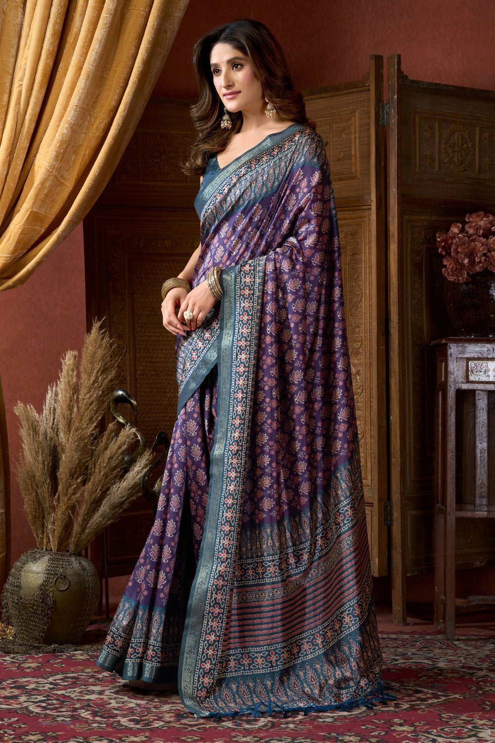 Purple Pure Cluster Silk Ajarkh Digital Printed Saree ##color## Floral Printed Saree with premium fabric and embroidery
