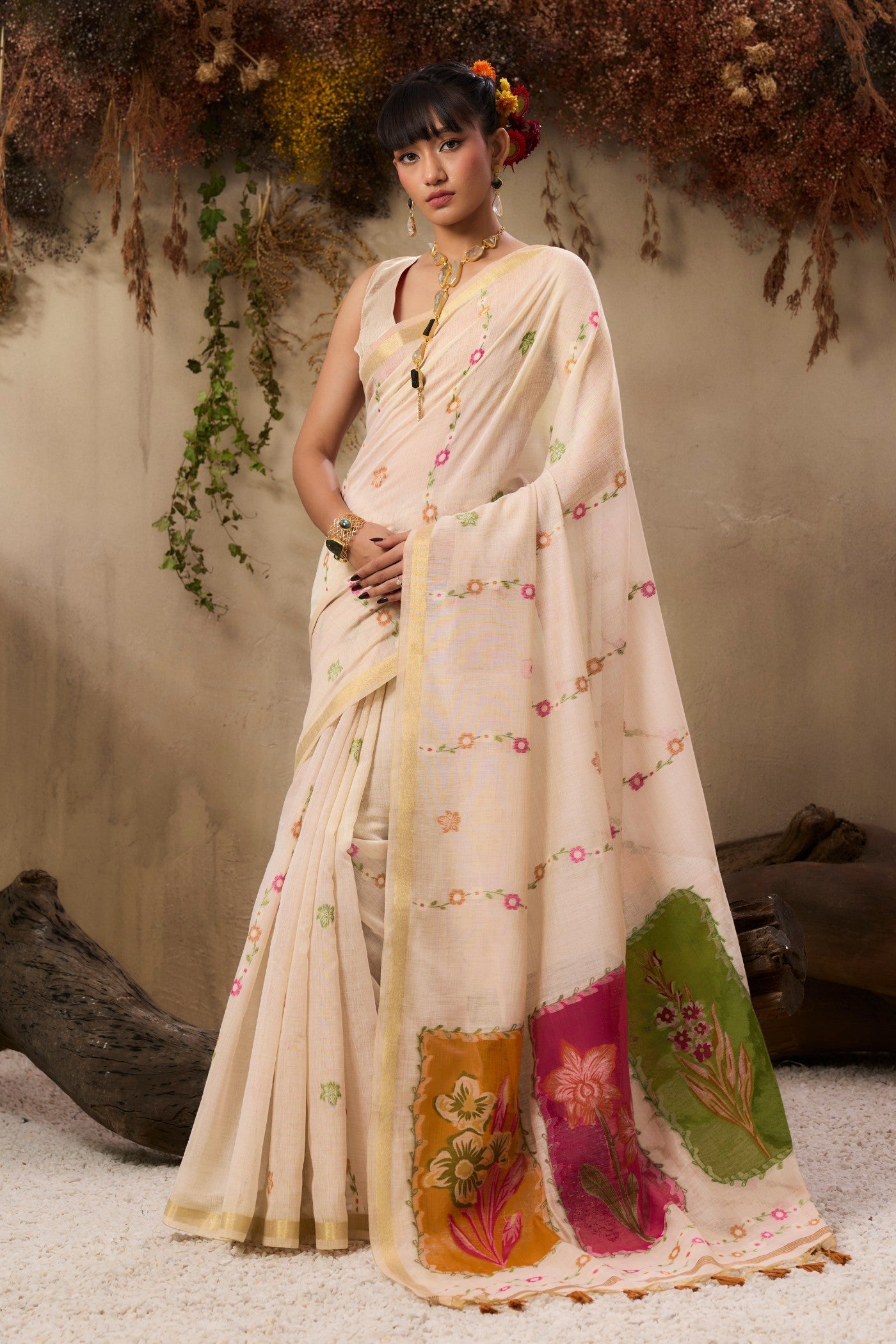 Coconut Cream Pure Soft Handloom Muga Cotton Saree 