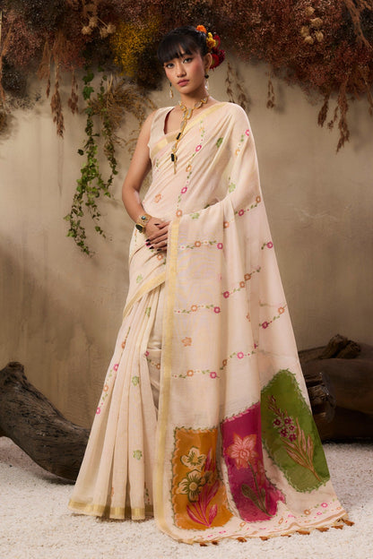 Coconut Cream Pure Soft Handloom Muga Cotton Saree 