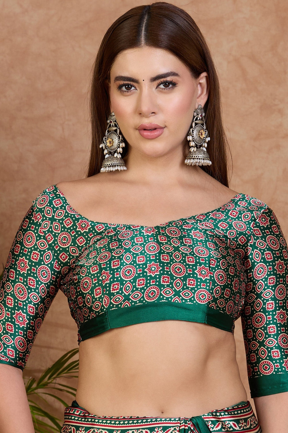 Cream and Green Pure Soft Modal Satin Ajrakh Print Satin Saree Japan Satin Saree Anant Tex Exports Pvt.Ltd..