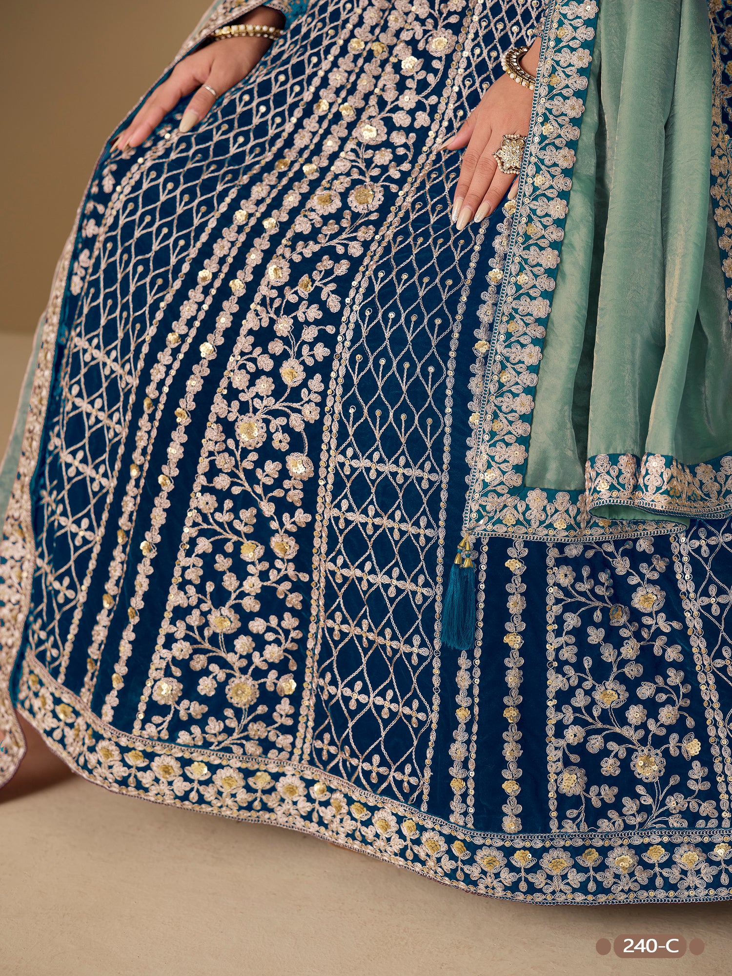 Blue Pure Soft 9000 Velvet Heavy Embroidery Work Long Anarkali Gown 