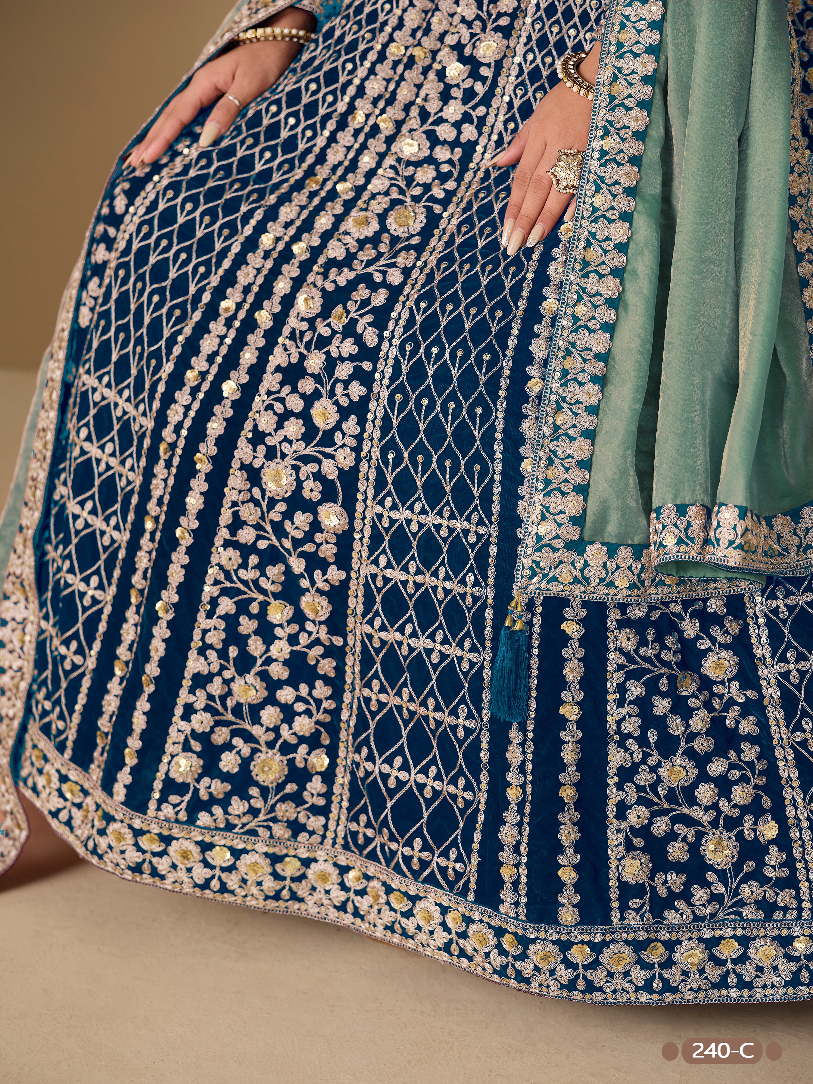 Blue Pure Soft 9000 Velvet Heavy Embroidery Work Long Anarkali Gown 