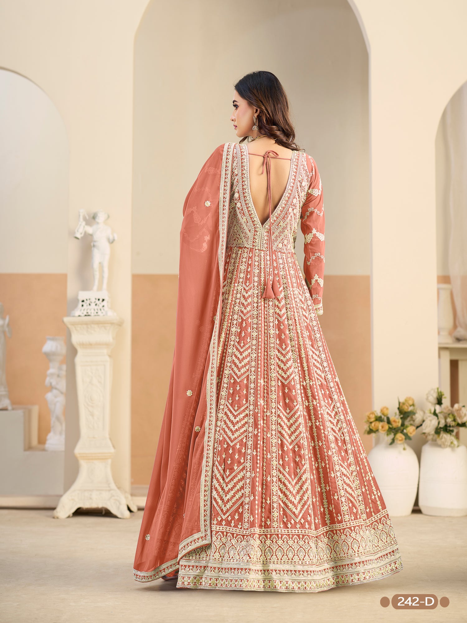 Rust Pure Soft Faux Georgette Heavy Embroidery Work Long Anarkali Gown 