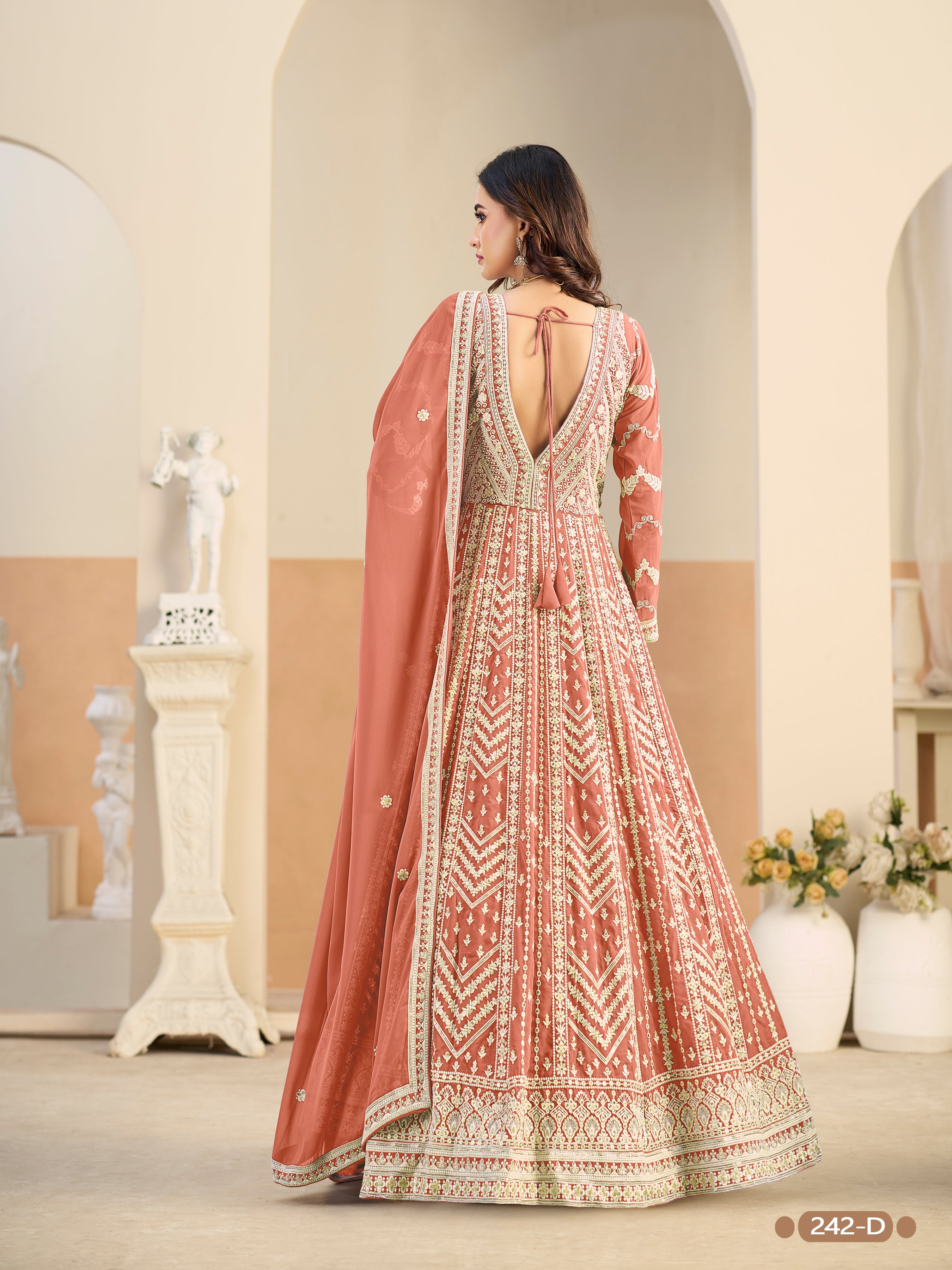 Rust Pure Soft Faux Georgette Heavy Embroidery Work Long Anarkali Gown 