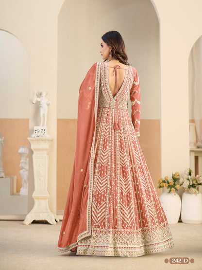 Rust Pure Soft Faux Georgette Heavy Embroidery Work Long Anarkali Gown 