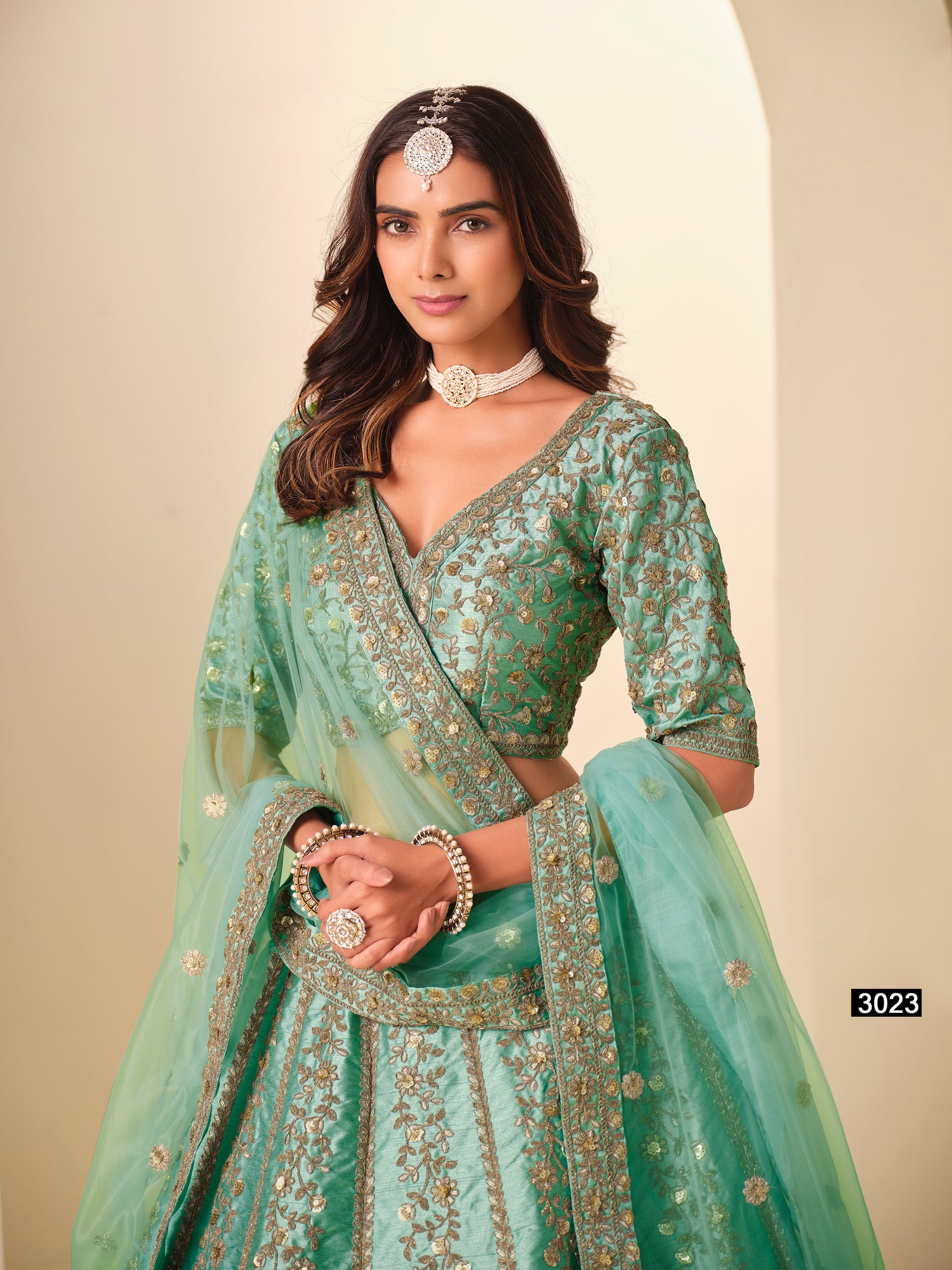 Green Pure Soft Art Silk Heavy Embroidery Work Bridal Lehenga 