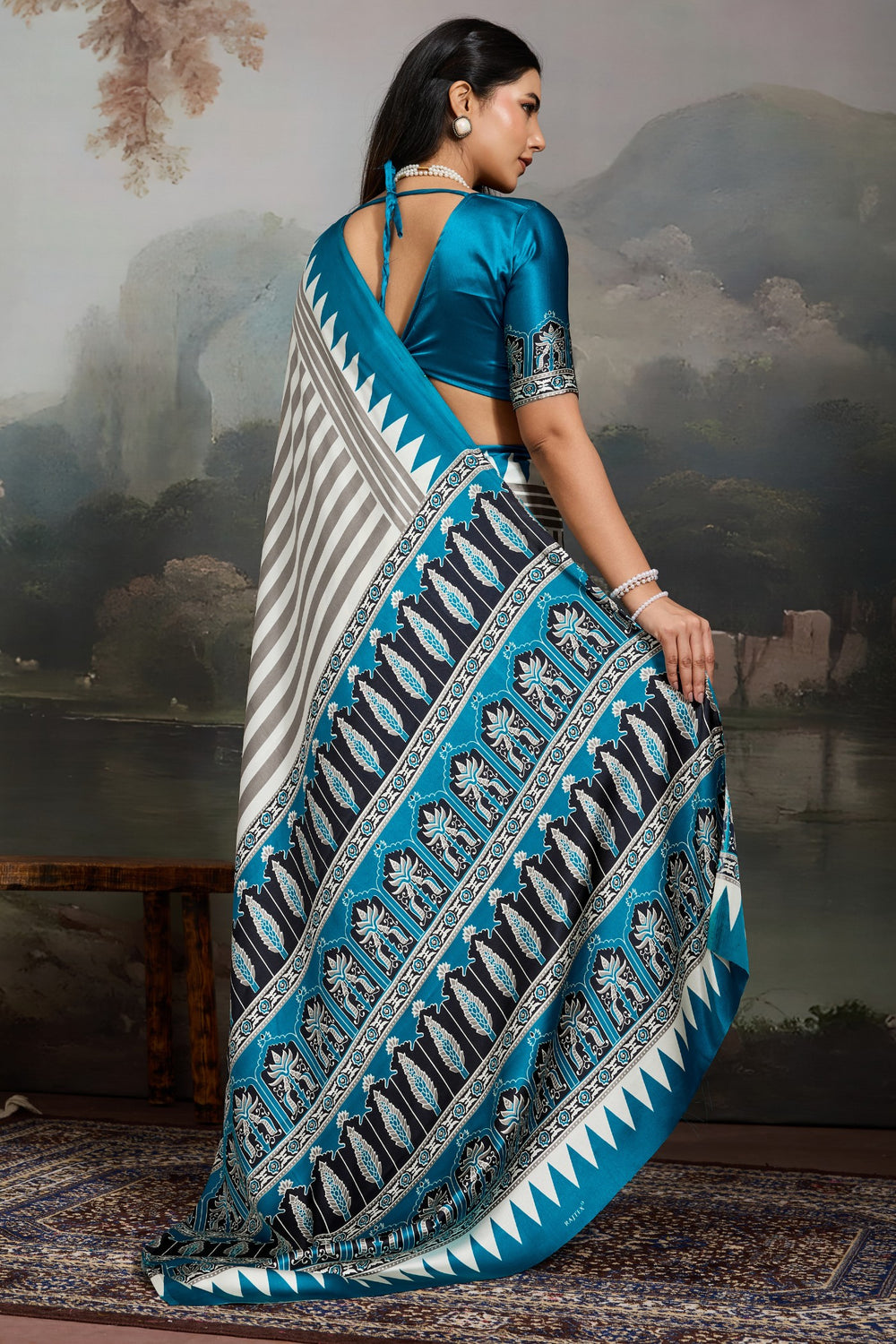 White and Blue Pure Ajrakh Printed Satin Crepe Silk Saree