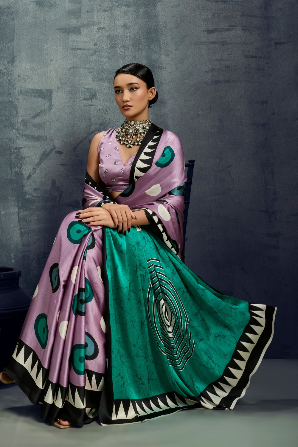 Thistle Purple Ajrakh Printed Satin Crepe Silk Saree ##color## Japan Satin Saree with premium fabric and embroidery