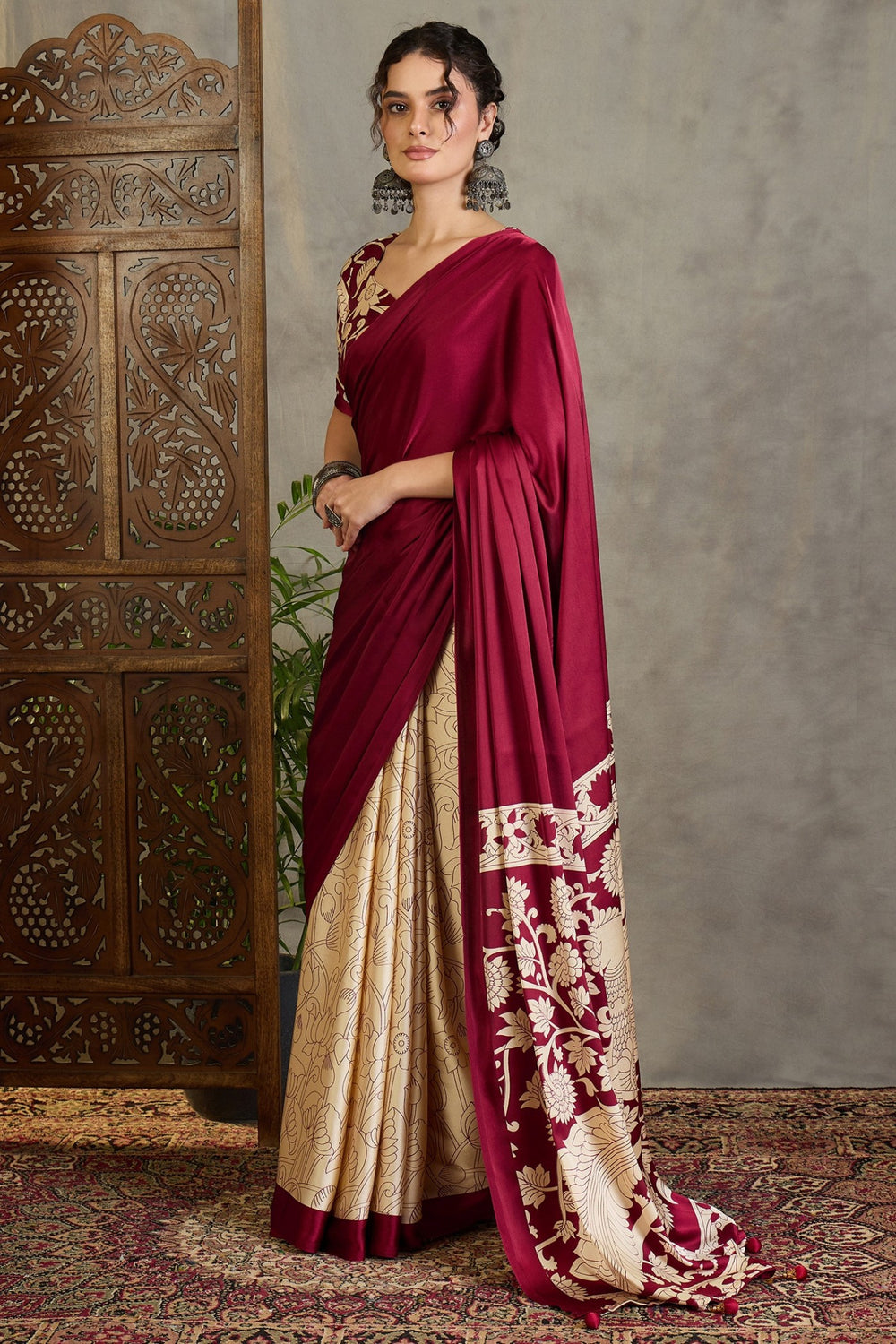 Maroon Kalamkari Printed Satin Silk Saree ##color## Floral Printed Saree with premium fabric and embroidery