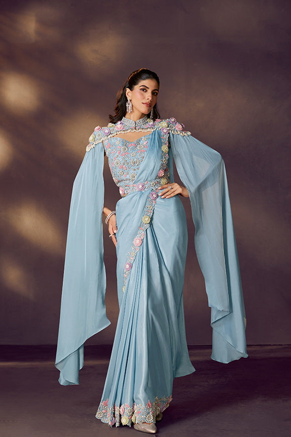 Firoji Two Tone Satin Silk Sequins Embroidery Ready to Wear Saree ##color## Ready to Wear Saree with premium fabric and embroidery