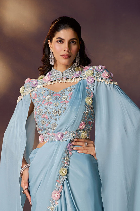 Firoji Two Tone Satin Silk Sequins Embroidery Ready to Wear Saree ##color## Ready to Wear Saree with premium fabric and embroidery