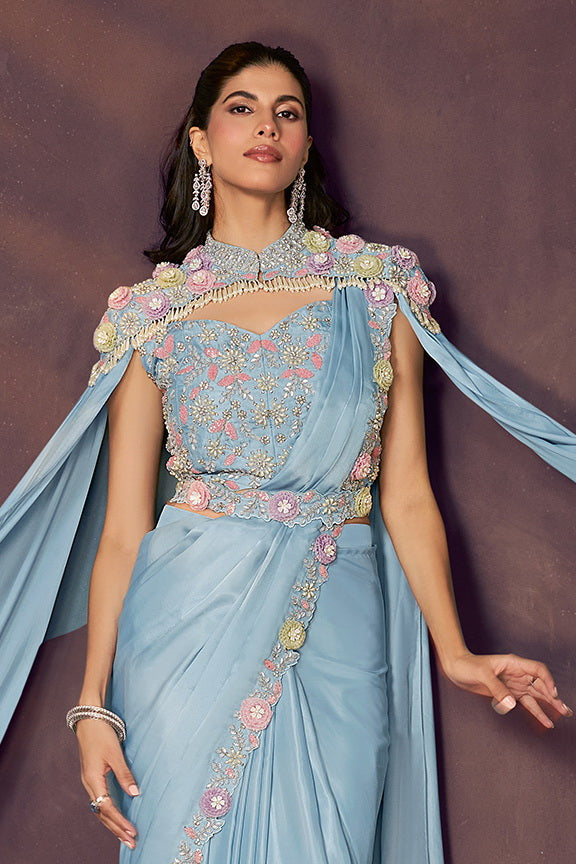 Firoji Two Tone Satin Silk Sequins Embroidery Ready to Wear Saree 