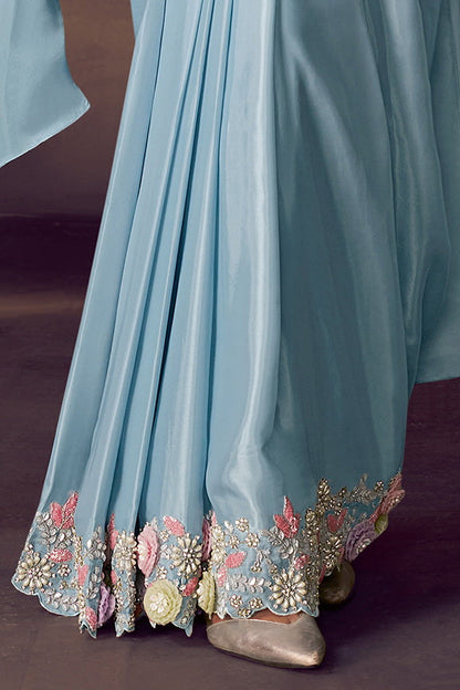 Firoji Two Tone Satin Silk Sequins Embroidery Ready to Wear Saree 
