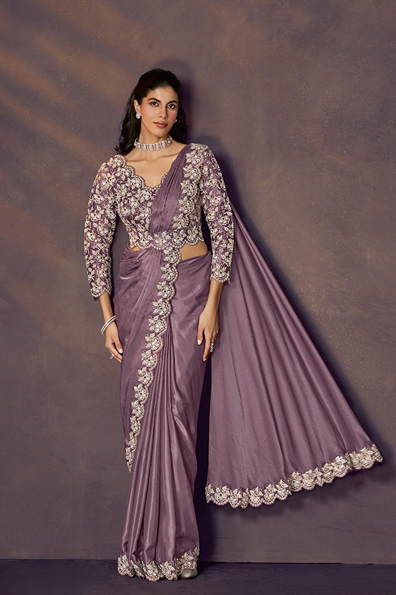 Lavender Pure Soft Crush Satin Silk Ready to Wear Saree ##color## Ready to Wear Saree with premium fabric and embroidery