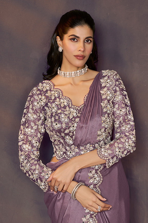 Lavender Pure Soft Crush Satin Silk Ready to Wear Saree 