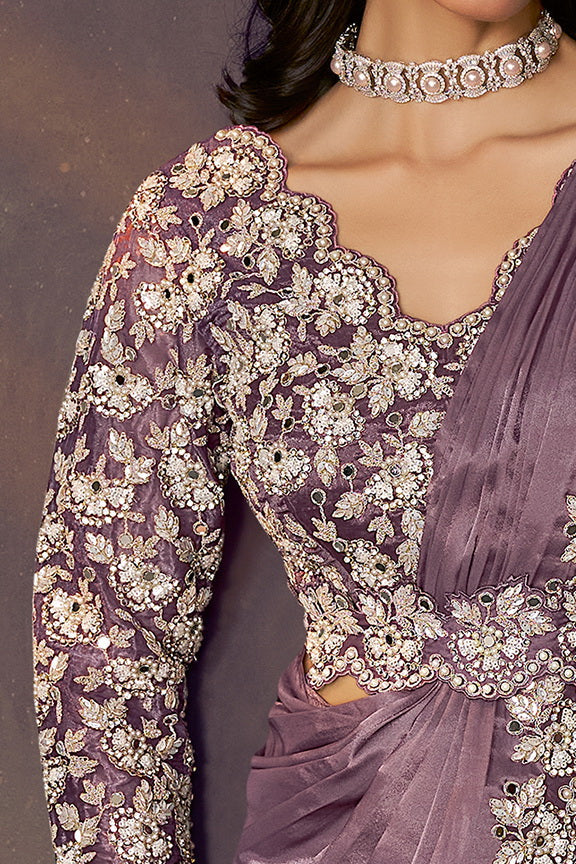 Lavender Pure Soft Crush Satin Silk Ready to Wear Saree 