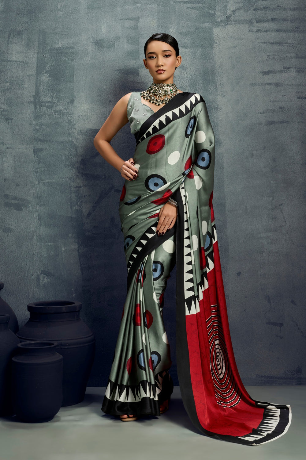 Green Ajrakh Printed Satin Crepe Silk Saree ##color## Japan Satin Saree with premium fabric and embroidery