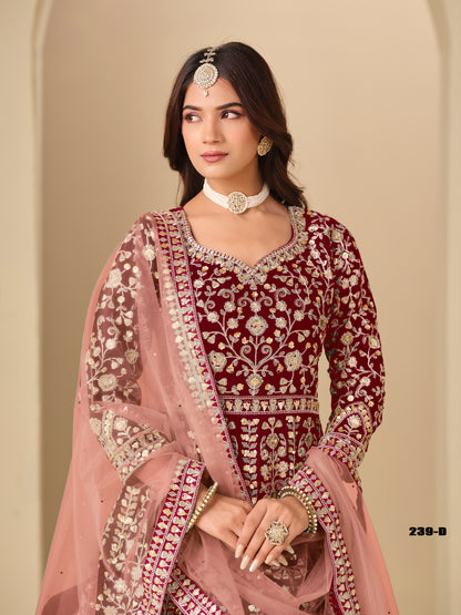 Red Pure Soft 9000 Velvet Heavy Embroidery Work Long Anarkali Gown 