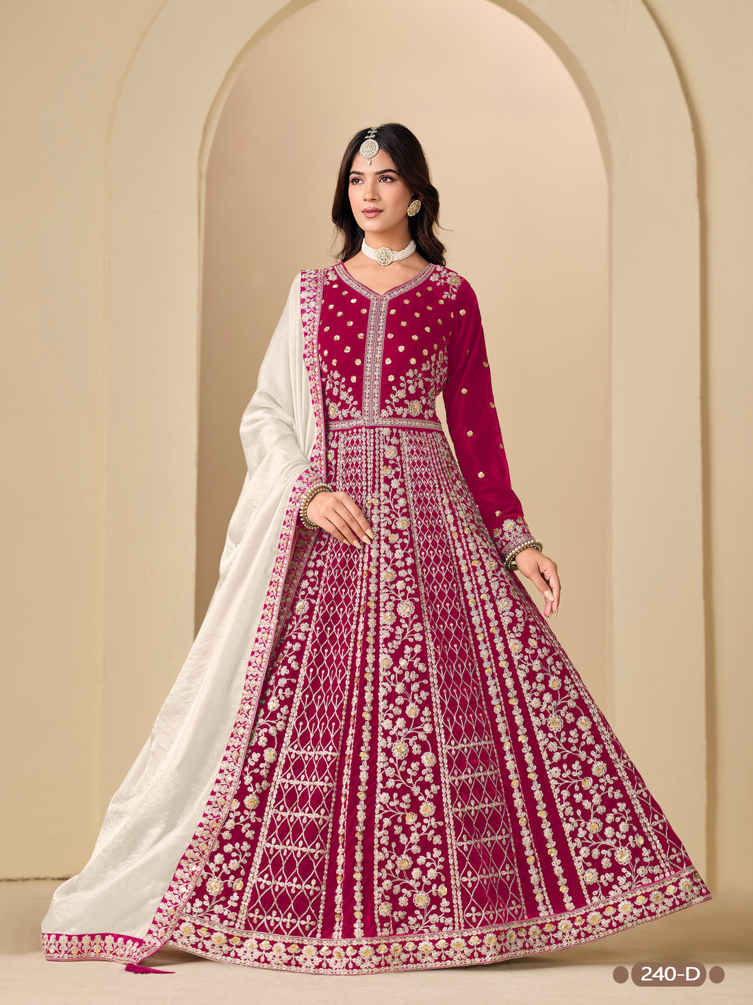 Red Pure Soft 9000 Velvet Heavy Embroidery Work Long Anarkali Gown 