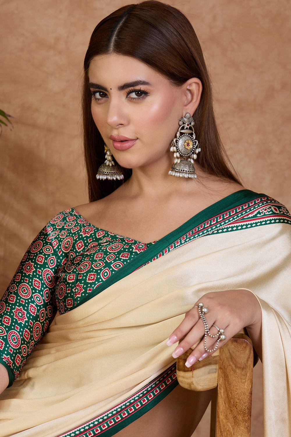 Cream and Green Pure Soft Modal Satin Ajrakh Print Satin Saree Japan Satin Saree Anant Tex Exports Pvt.Ltd..