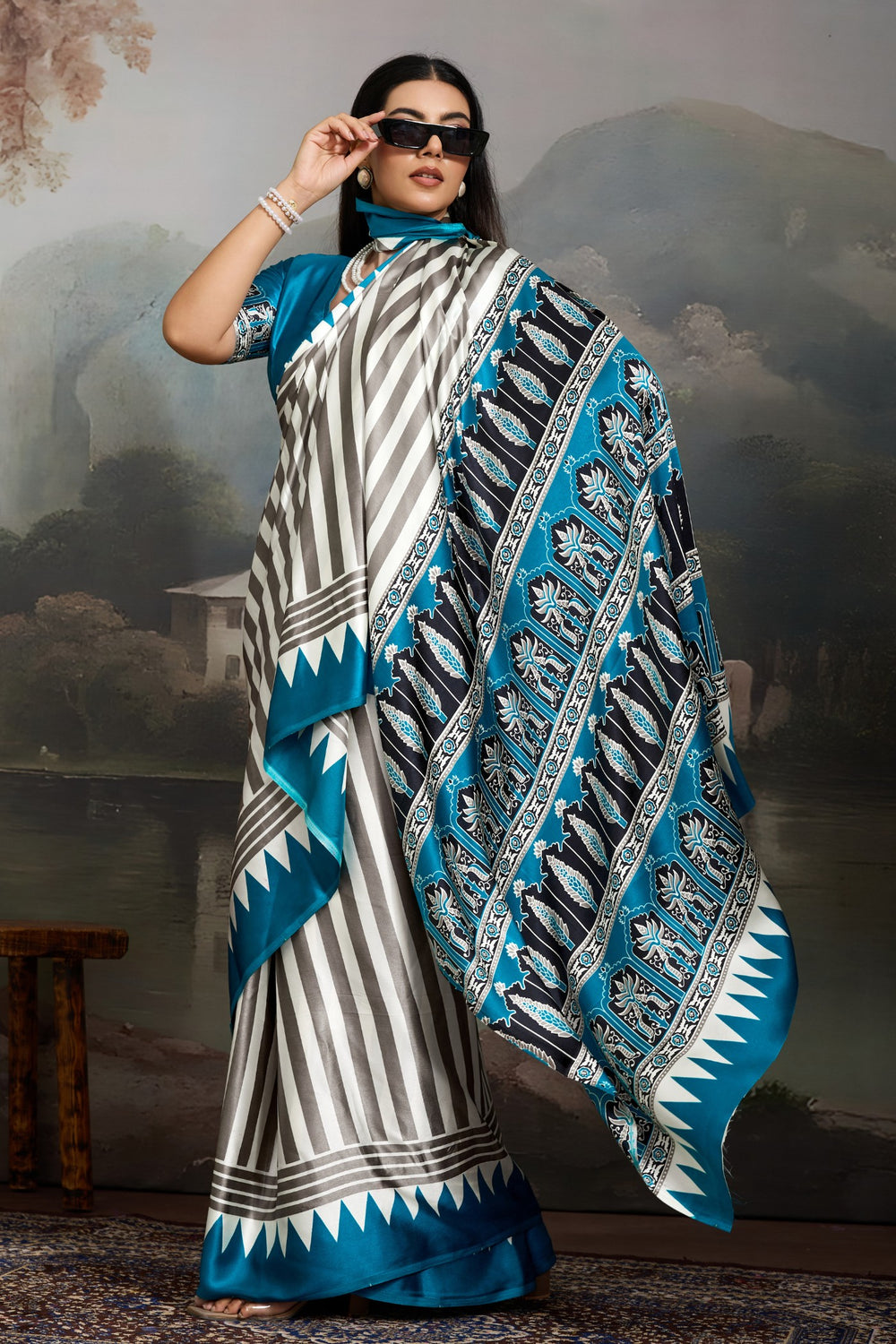 White and Blue Pure Ajrakh Printed Satin Crepe Silk Saree