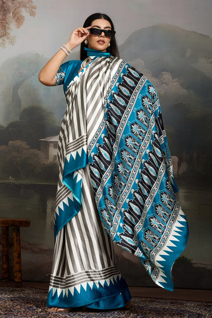 White and Blue Pure Ajrakh Printed Satin Crepe Silk Saree 