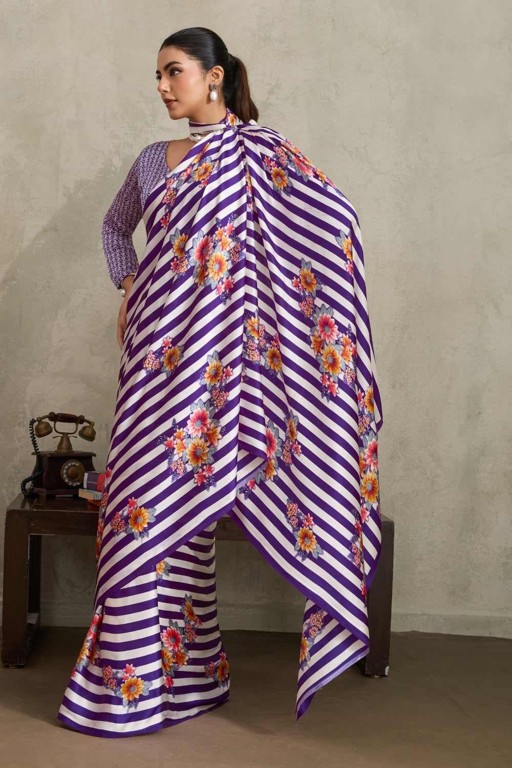 Purple Pure Soft Modal Satin Ajrakh Print Satin Saree Japan Satin Saree Anant Tex Exports Pvt.Ltd..