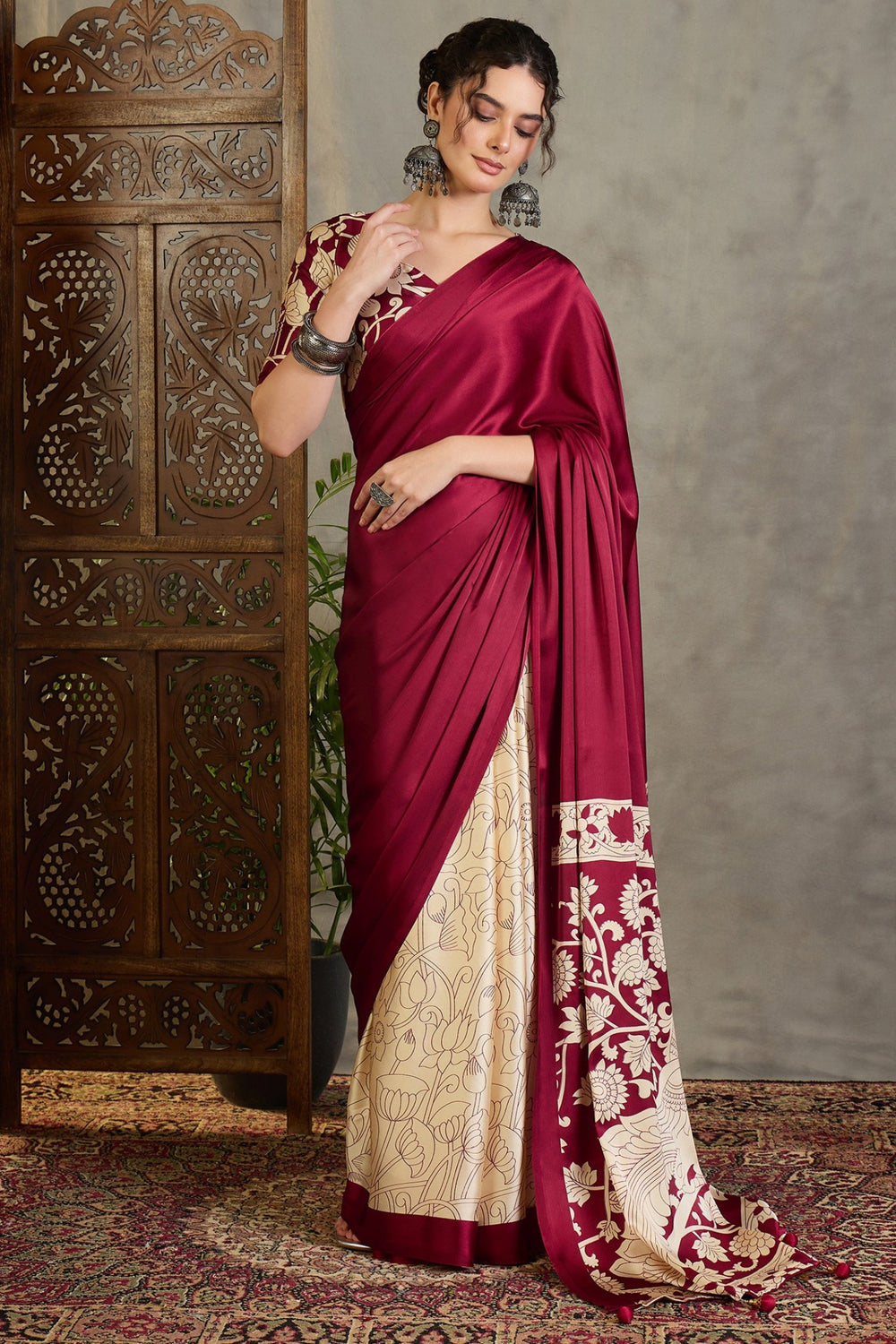 Maroon Kalamkari Printed Satin Silk Saree ##color## Floral Printed Saree with premium fabric and embroidery