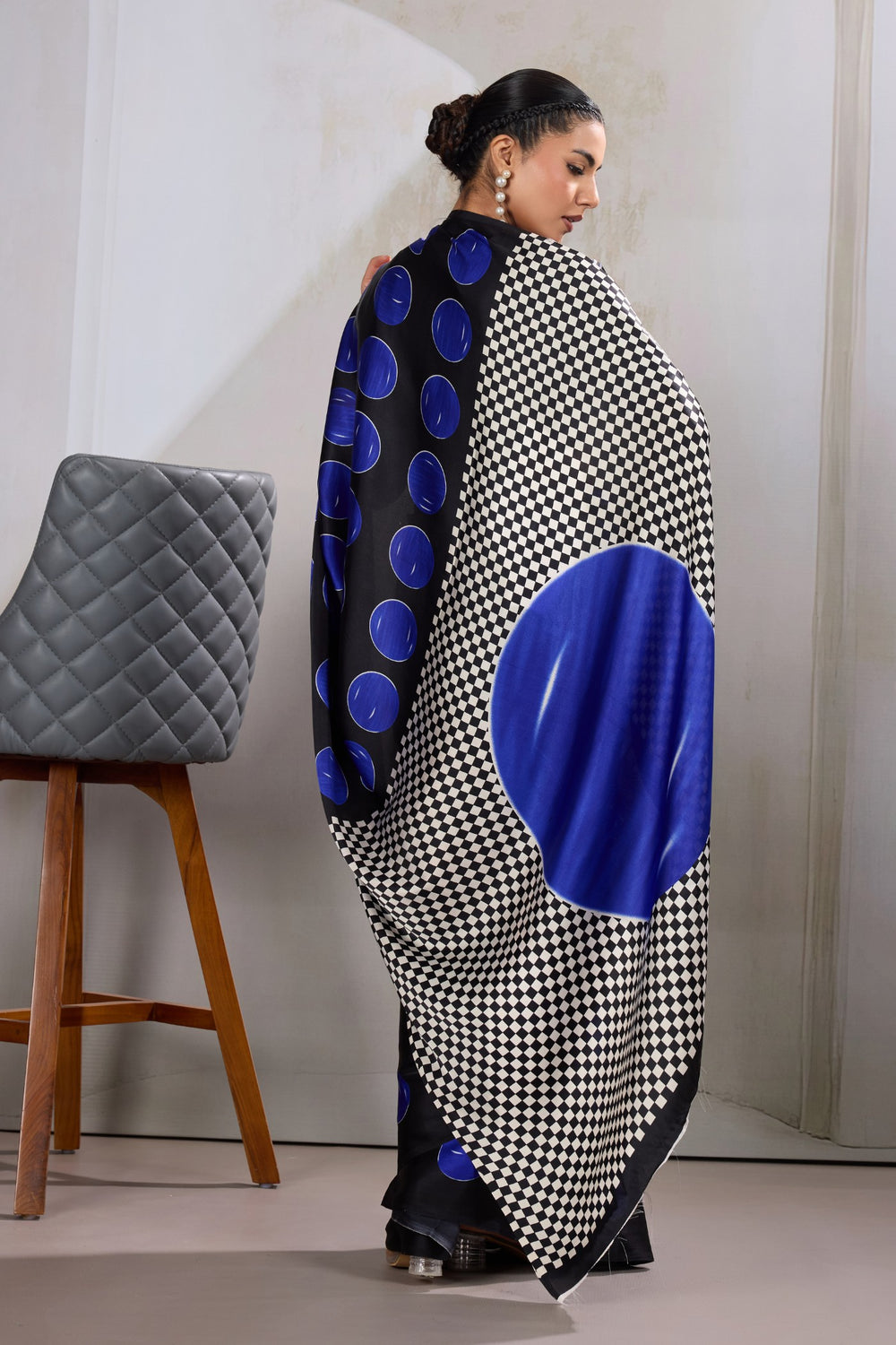 Blue Printed Polka Dots Satin Crepe Saree 