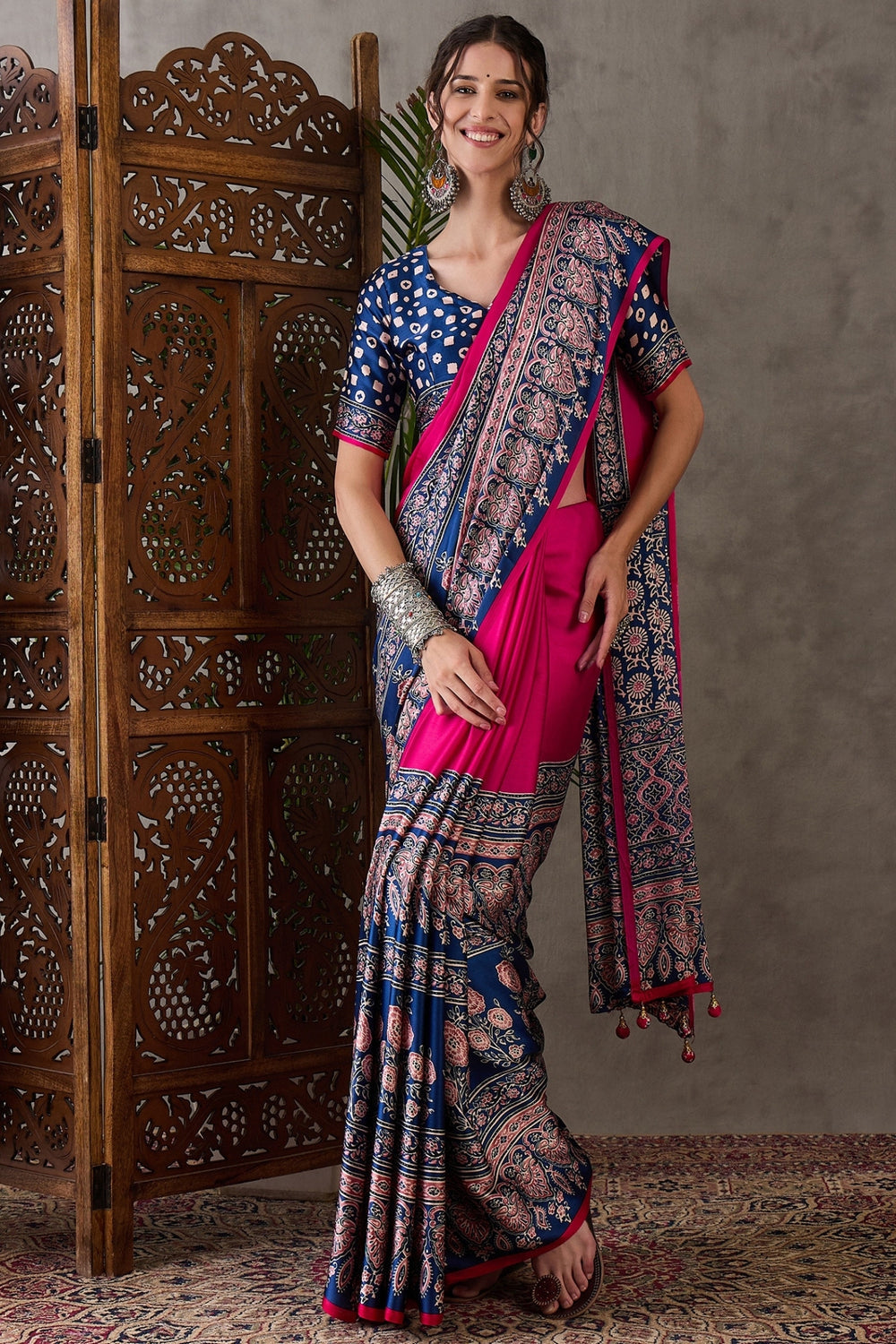 Magenta Pink Pure Soft Modal Satin Ajrakh Print Satin Saree Japan Satin Saree Anant Tex Exports Pvt.Ltd..