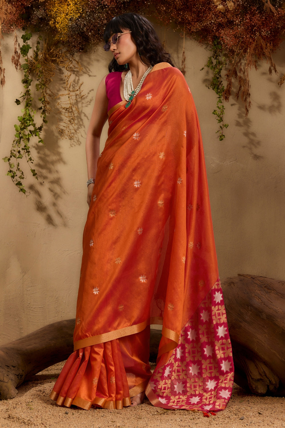Orange Pure Tussar Handloom Silk Saree 
