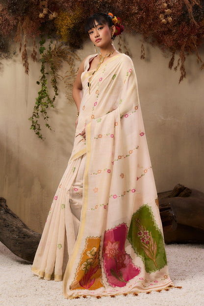Coconut Cream Pure Soft Handloom Muga Cotton Saree 