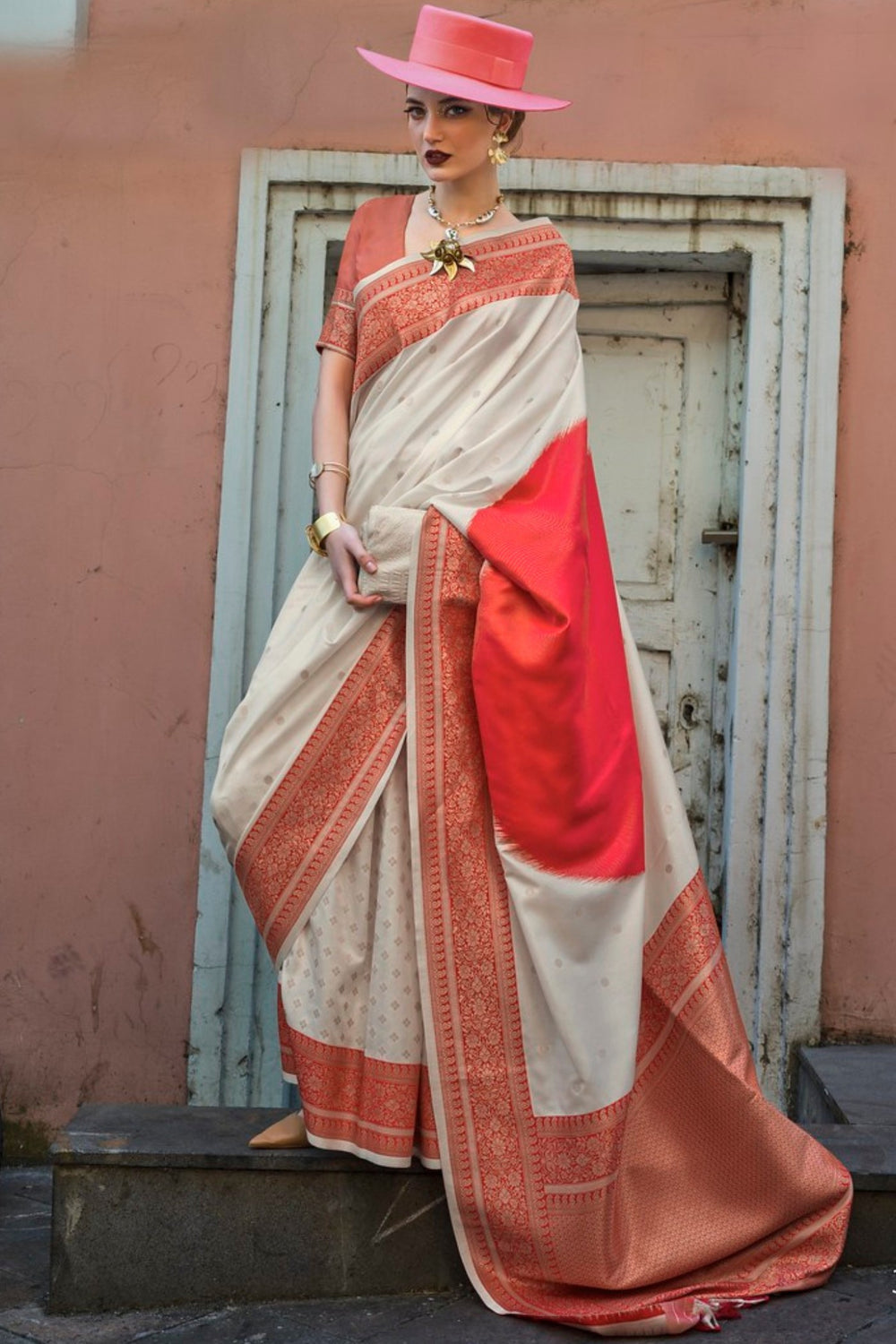 Cream Pure Soft Banarasi Handloom Banarasi Saree ##color## Patola Saree with premium fabric and embroidery