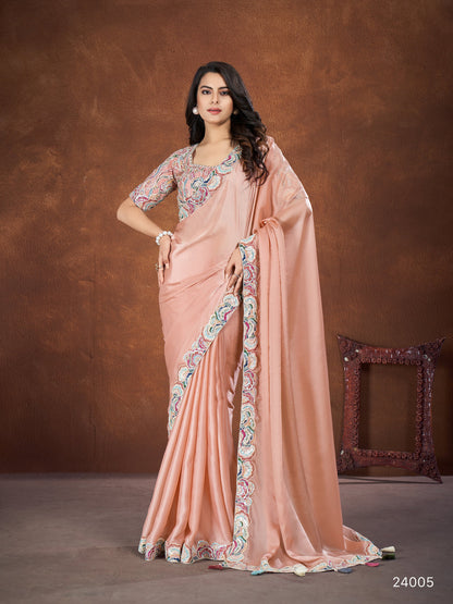 Satin Silk Embroidered Work Saree