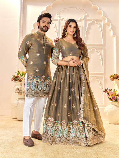 Olive Brown Pure Soft Fendi Silk Matching Combo Couple Dress  Anant Tex Exports Pvt.Ltd..