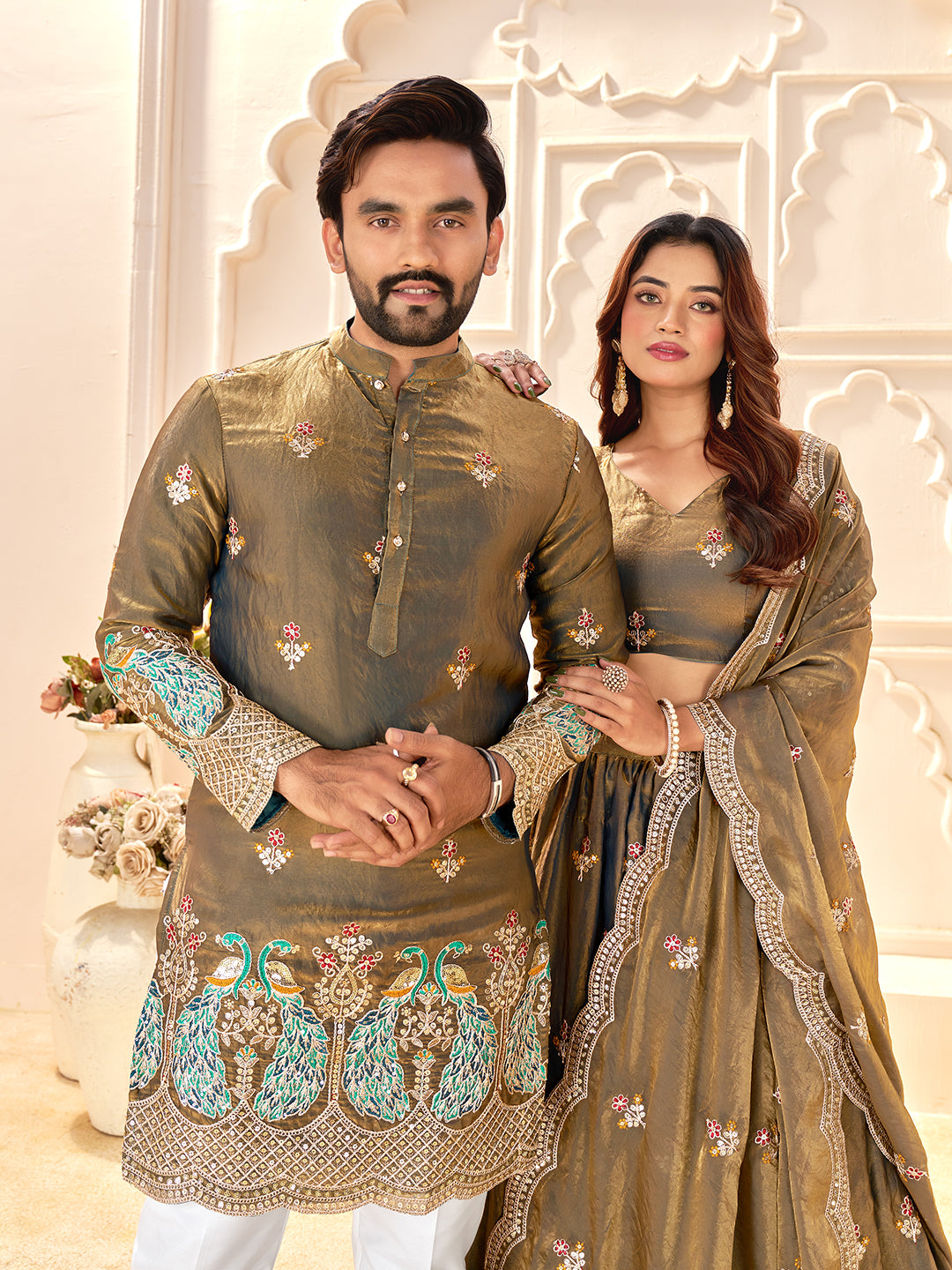 Olive Brown Pure Soft Fendi Silk Matching Combo Couple Dress  Anant Tex Exports Pvt.Ltd..