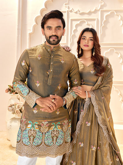 Olive Brown Pure Soft Fendi Silk Matching Combo Couple Dress  Anant Tex Exports Pvt.Ltd..
