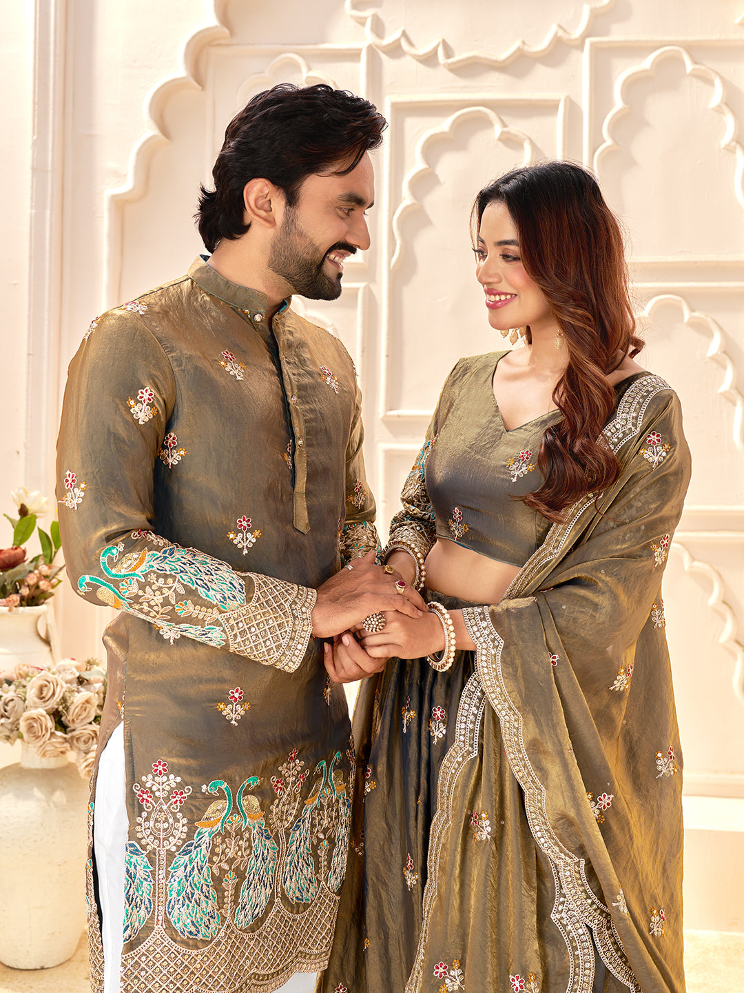 Olive Brown Pure Soft Fendi Silk Matching Combo Couple Dress  Anant Tex Exports Pvt.Ltd..