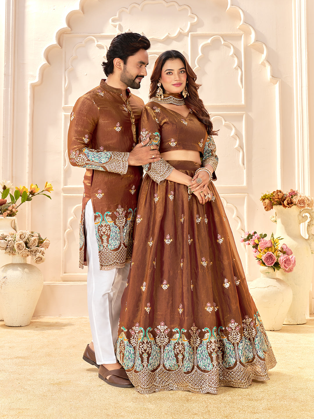 Brown Pure Soft Fendi Silk Matching Combo Couple Dress  Anant Tex Exports Pvt.Ltd..