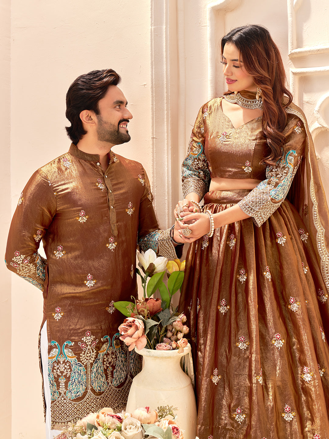Brown Pure Soft Fendi Silk Matching Combo Couple Dress  Anant Tex Exports Pvt.Ltd..