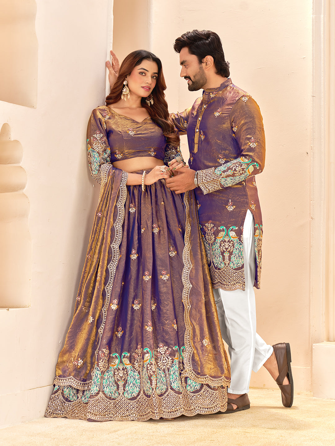 matching purple couple dress Punjabi Couple Matching Dress Purple Soft Georgette Embroidered Wedding Wear Couple Wear Set