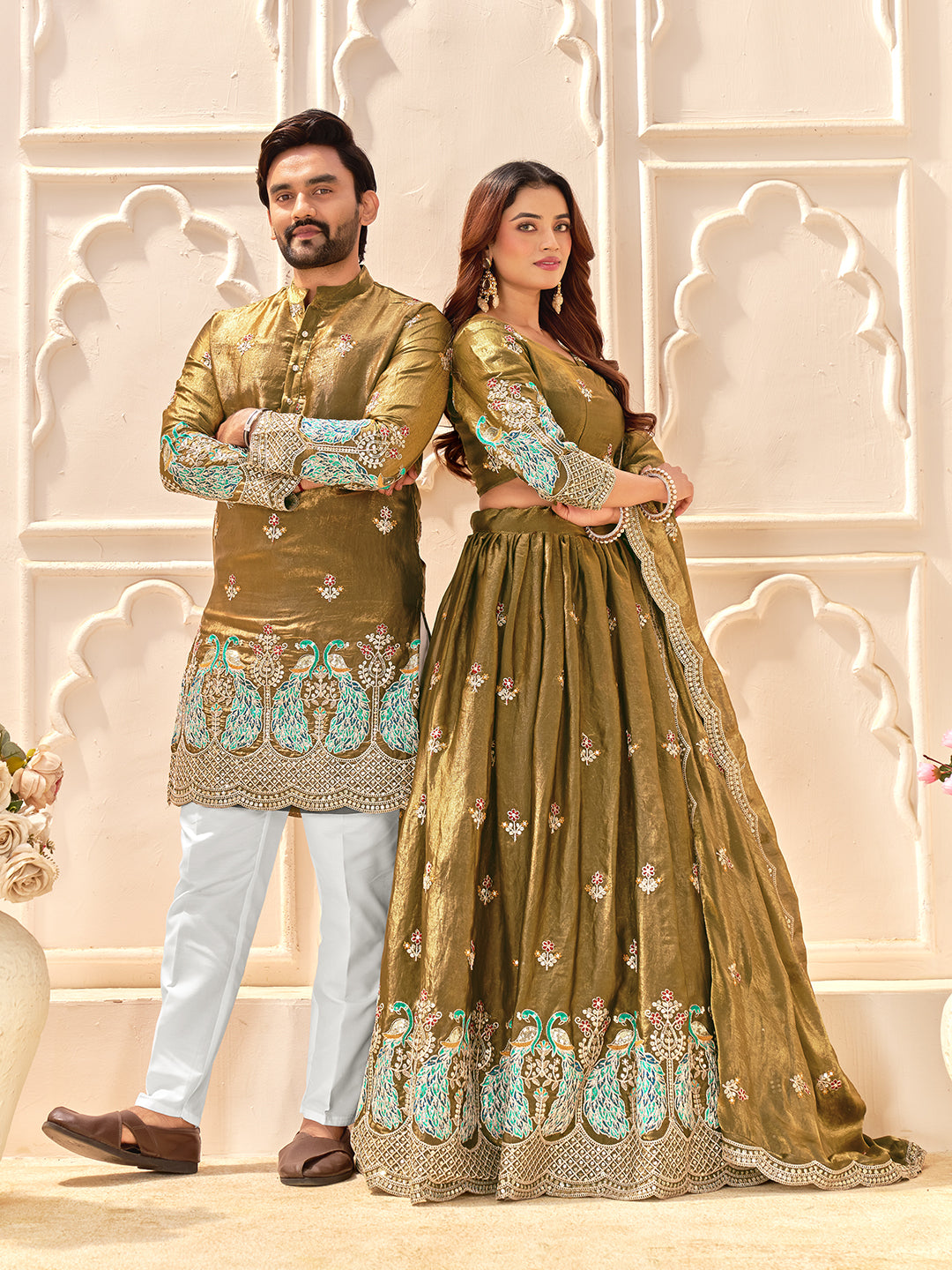 Mehandi Pure Soft Fendi Silk Matching Combo Couple Dress  Anant Tex Exports Pvt.Ltd..