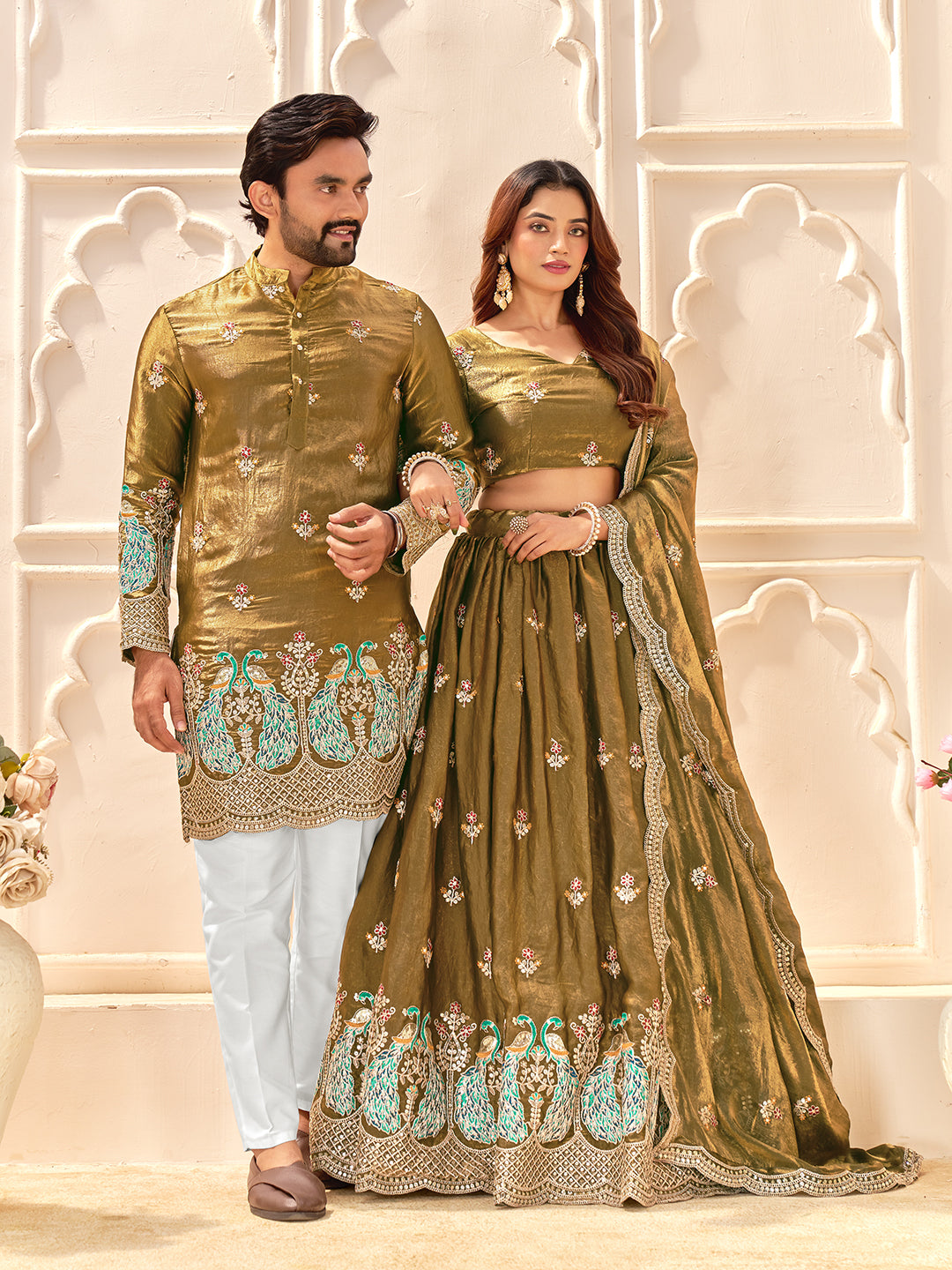 Mehandi Pure Soft Fendi Silk Matching Combo Couple Dress