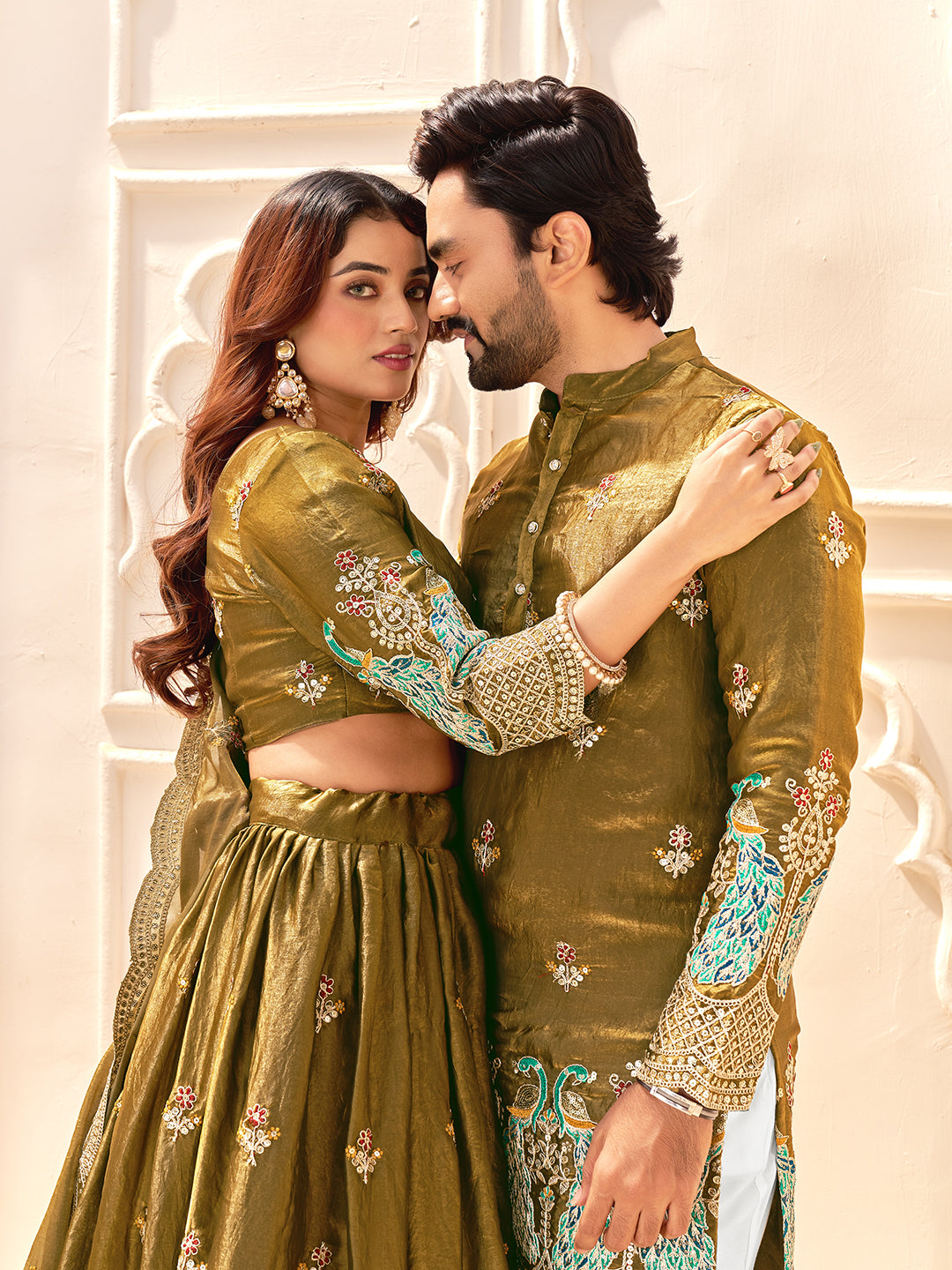 Mehandi Pure Soft Fendi Silk Matching Combo Couple Dress  Anant Tex Exports Pvt.Ltd..