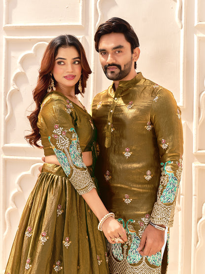 Mehandi Pure Soft Fendi Silk Matching Combo Couple Dress  Anant Tex Exports Pvt.Ltd..
