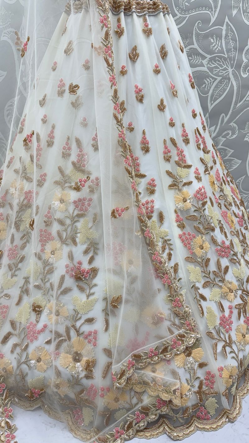 White Pure Soft Heavy Net Sequins Embroidery Work Bridal Lehenga 
