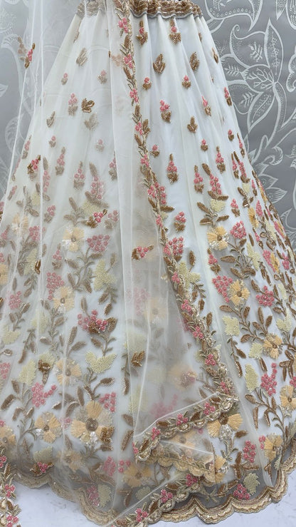 White Pure Soft Heavy Net Sequins Embroidery Work Bridal Lehenga 