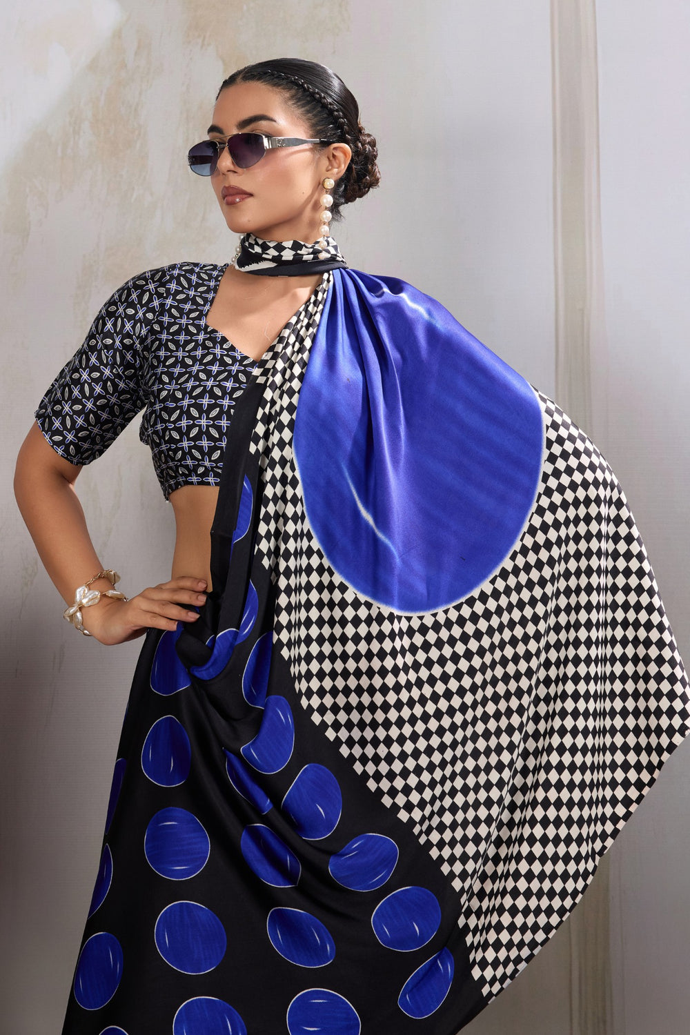 Blue Printed Polka Dots Satin Crepe Saree ##color## Floral Printed Saree with premium fabric and embroidery