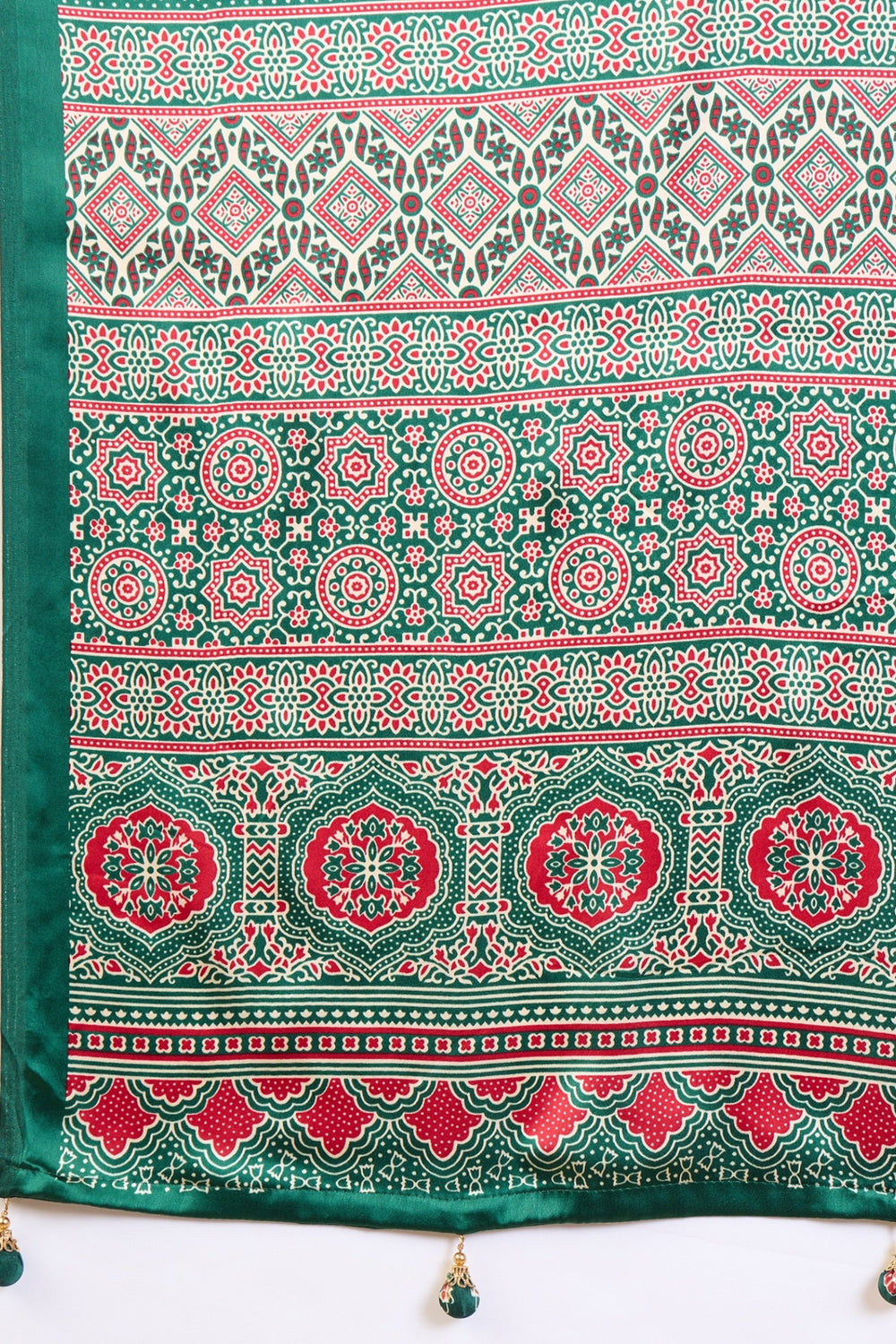 Cream and Green Pure Soft Modal Satin Ajrakh Print Satin Saree Japan Satin Saree Anant Tex Exports Pvt.Ltd..