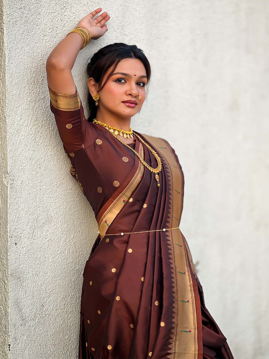 Coffee Wedding Special Nauvari Paithani Soft Silk Saree 